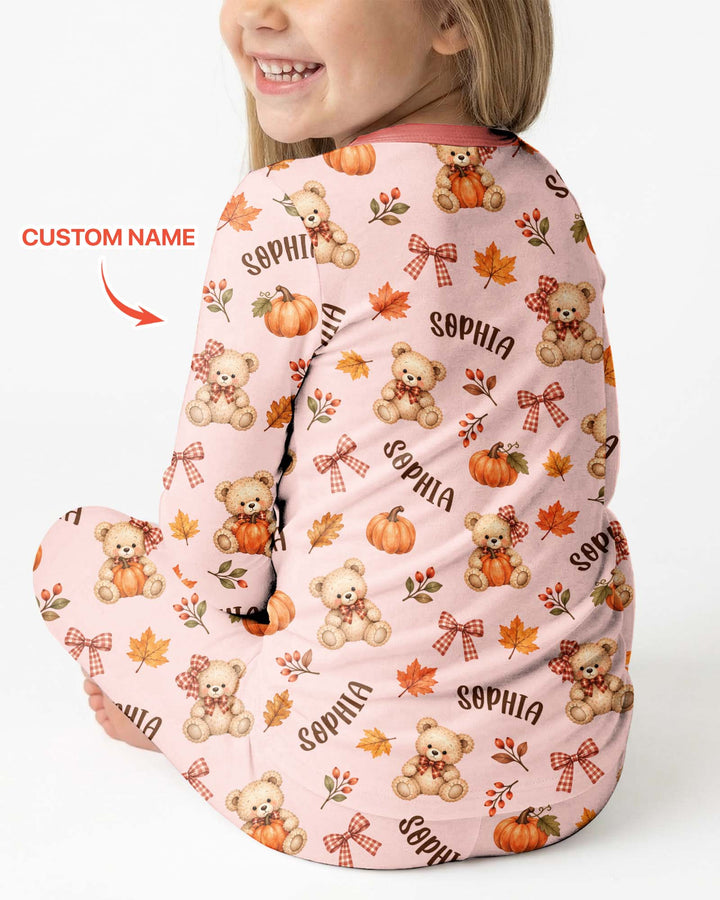 Fall Gingham Bow Teddy Bear Bamboo Two Piece Long Sleeve Pajama Set