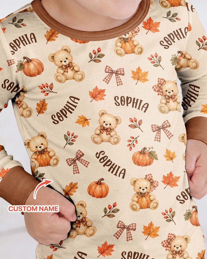 Fall Gingham Bow Teddy Bear Bamboo Two Piece Long Sleeve Pajama Set