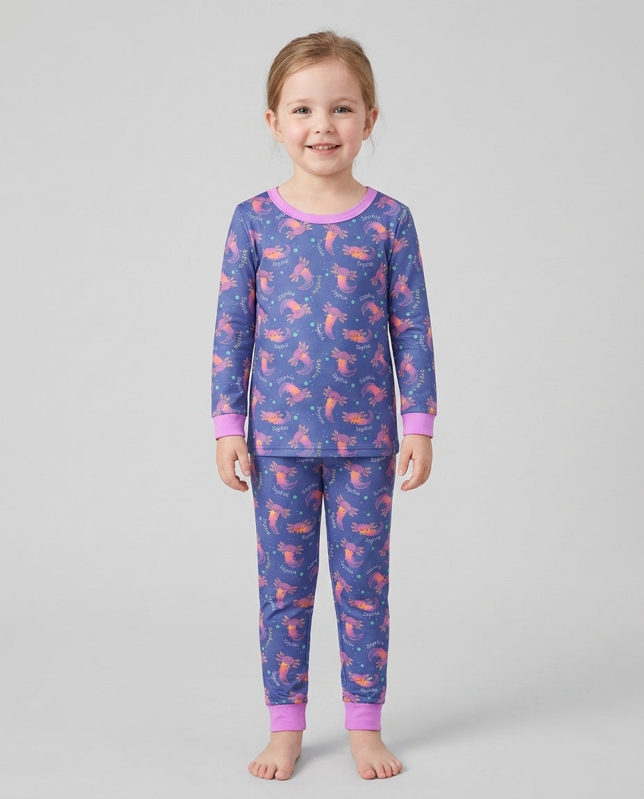Axolotl Glow Custom Name Bamboo Two Piece Long Sleeve Pajama Set