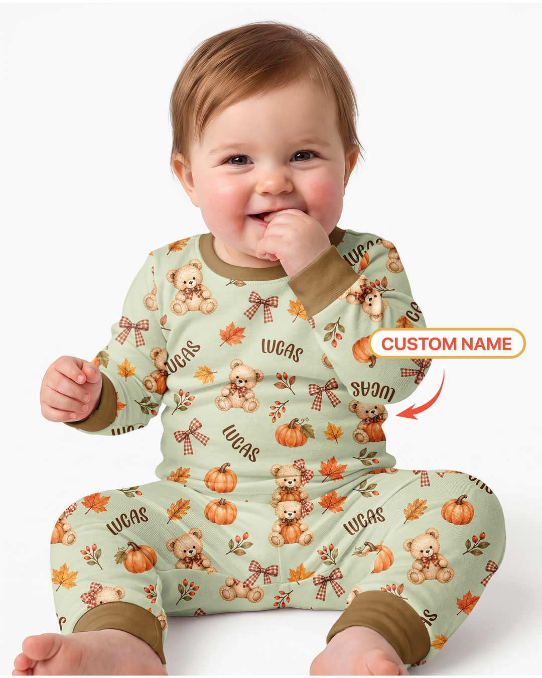 Fall Gingham Bow Teddy Bear Bamboo Two Piece Long Sleeve Pajama Set