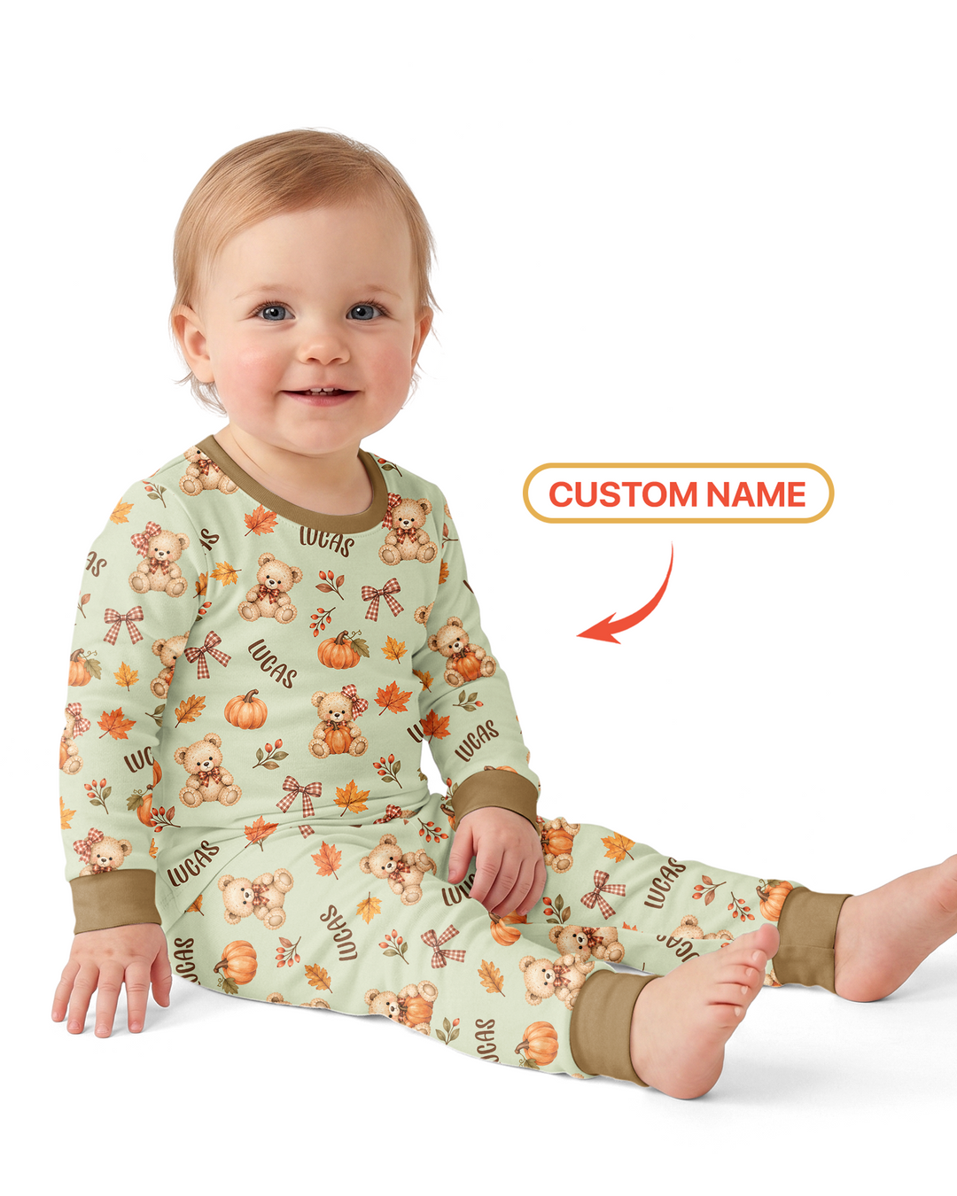 Fall Gingham Bow Teddy Bear Bamboo Two Piece Long Sleeve Pajama Set