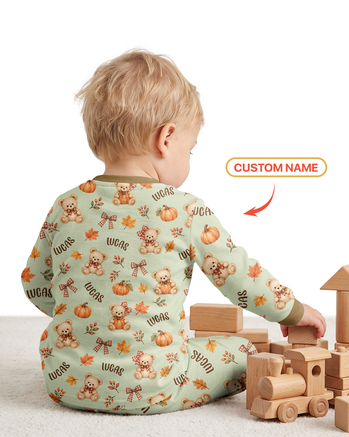 Fall Gingham Bow Teddy Bear Bamboo Two Piece Long Sleeve Pajama Set