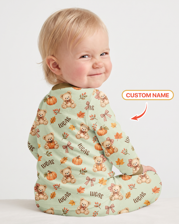 Fall Gingham Bow Teddy Bear Bamboo Two Piece Long Sleeve Pajama Set