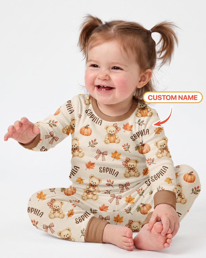 Fall Gingham Bow Teddy Bear Bamboo Two Piece Long Sleeve Pajama Set