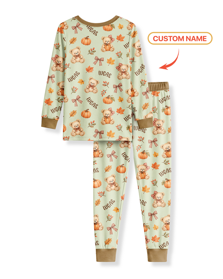 Fall Gingham Bow Teddy Bear Bamboo Two Piece Long Sleeve Pajama Set