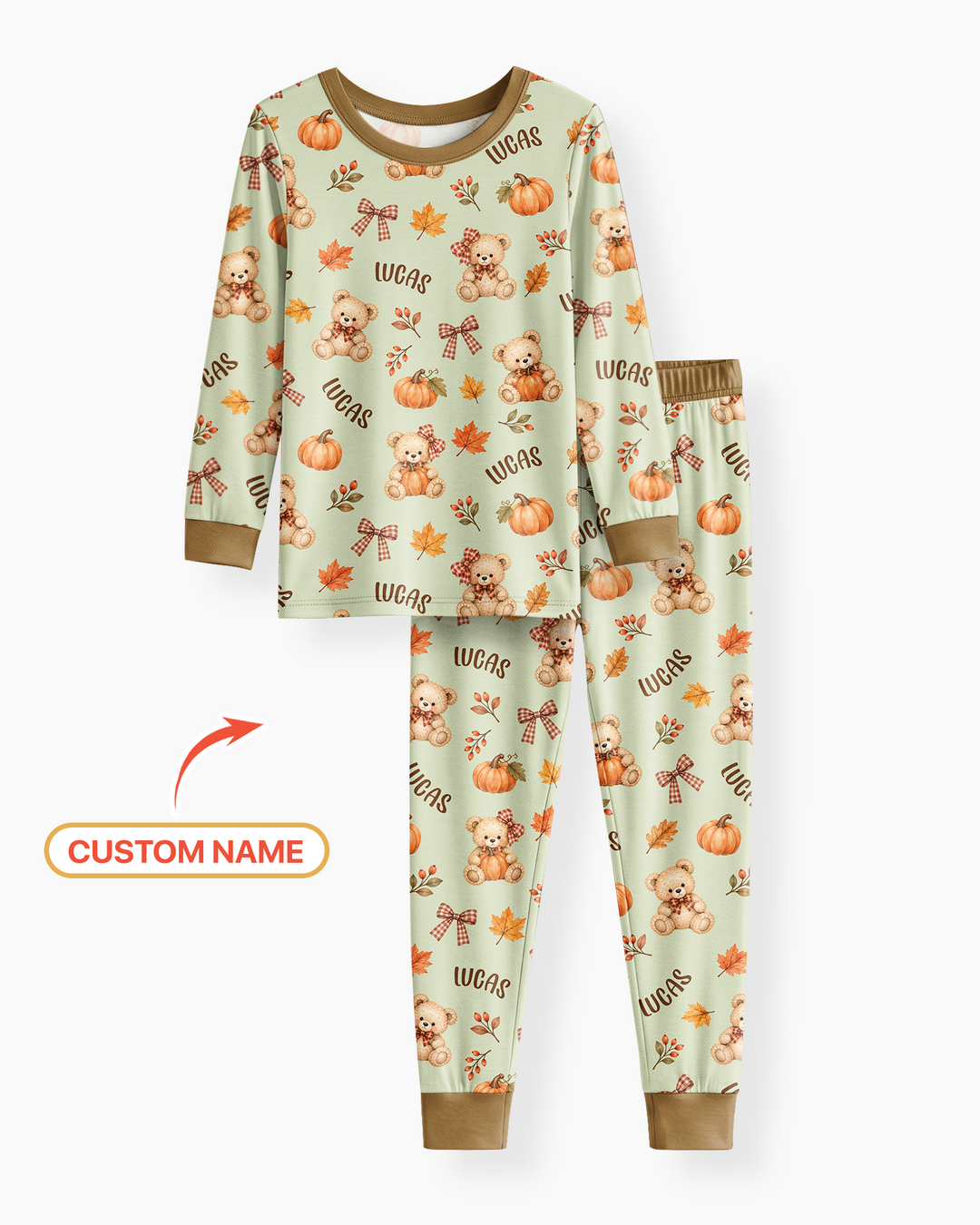 Fall Gingham Bow Teddy Bear Bamboo Two Piece Long Sleeve Pajama Set