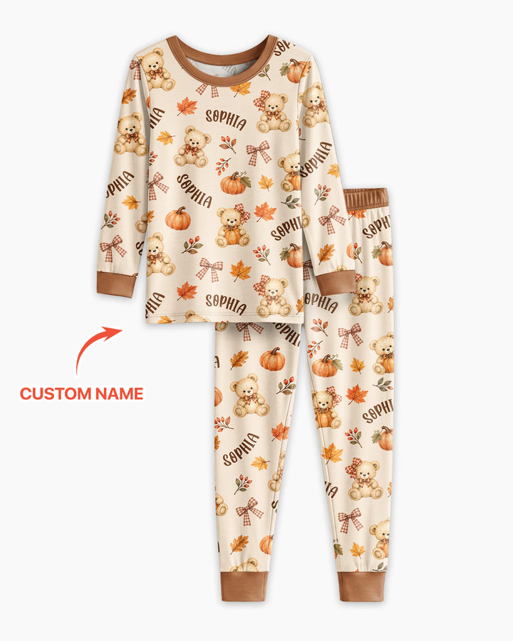 Fall Gingham Bow Teddy Bear Bamboo Two Piece Long Sleeve Pajama Set