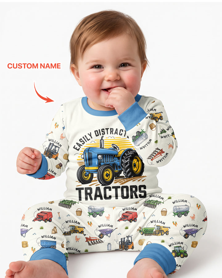 Easily Distracted By Tractors Custom Name Bamboo Two Piece Long Sleeve Pajama Set