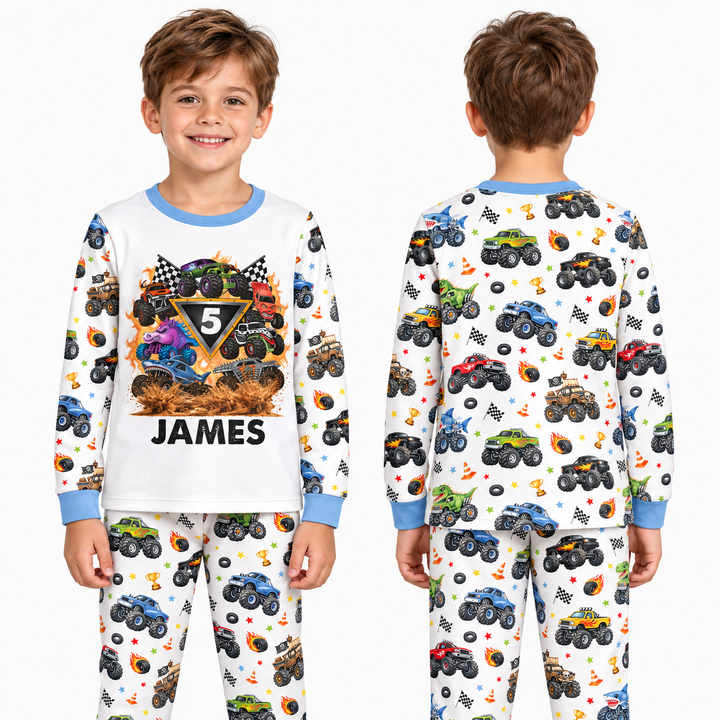 Personalized Monster Trucks Birthday Boy Bamboo Two Piece Long Sleeve Pajama Set