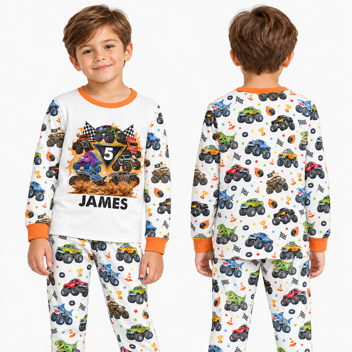 Personalized Monster Trucks Birthday Boy Bamboo Two Piece Long Sleeve Pajama Set