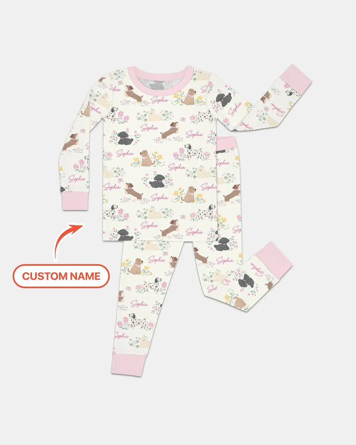 Custom Name Flower Dogs Bamboo Two Piece Long Sleeve Pajama Set