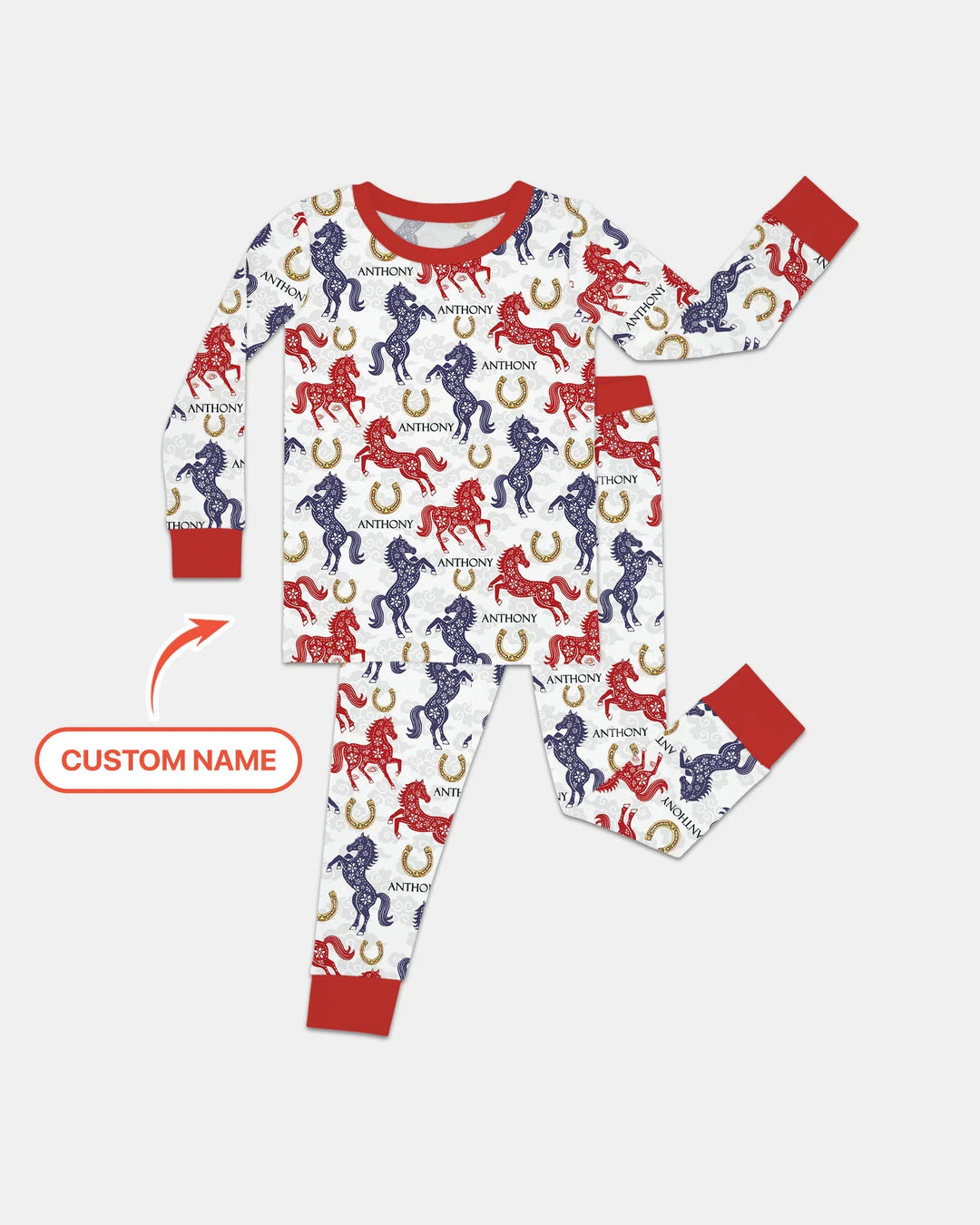 Custom Name Chinoiserie Horses Bamboo Two Piece Long Sleeve Pajama Set