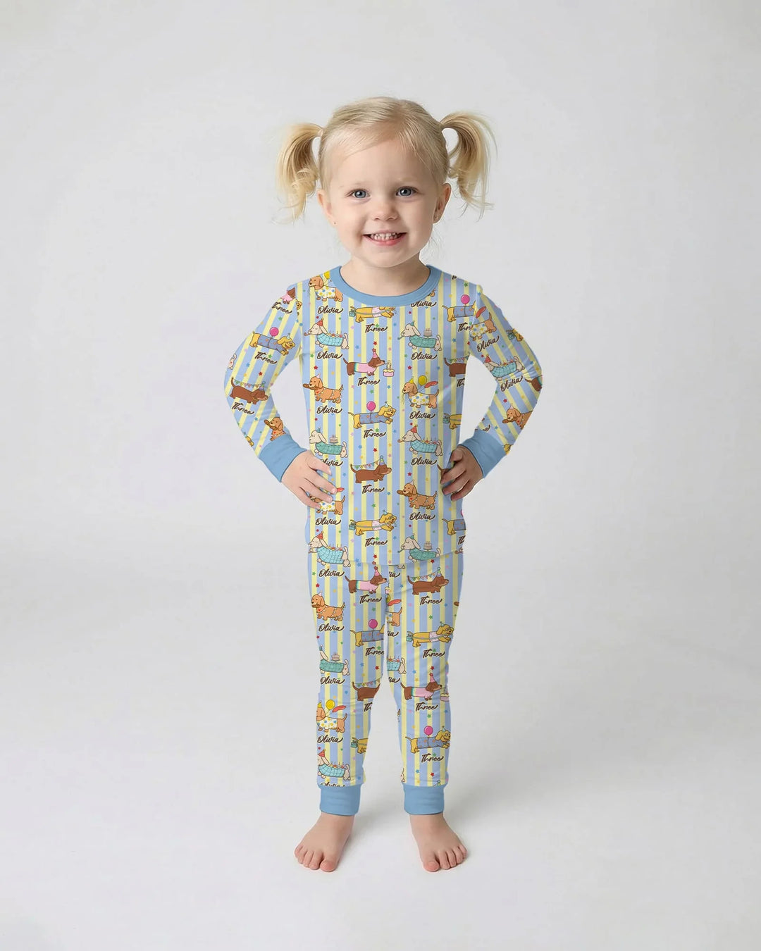 Custom Name Birthday Dachshund Bamboo Two Piece Long Sleeve Pajama Set