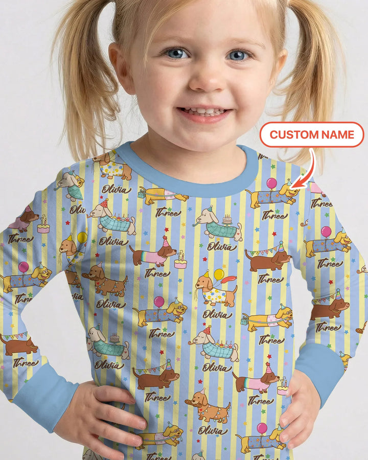 Custom Name Birthday Dachshund Bamboo Two Piece Long Sleeve Pajama Set