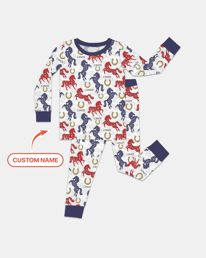 Custom Name Chinoiserie Horses Bamboo Two Piece Long Sleeve Pajama Set