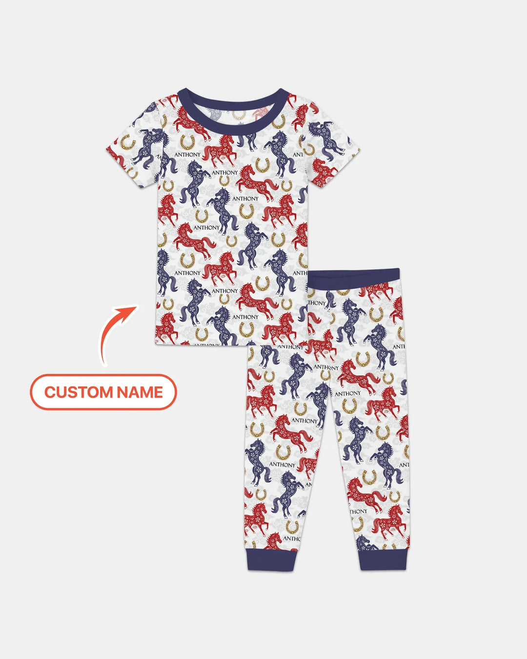 Custom Name Chinoiserie Horses Bamboo Two Piece Short Sleeve Pajama Set