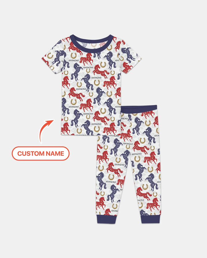 Custom Name Chinoiserie Horses Bamboo Two Piece Short Sleeve Pajama Set