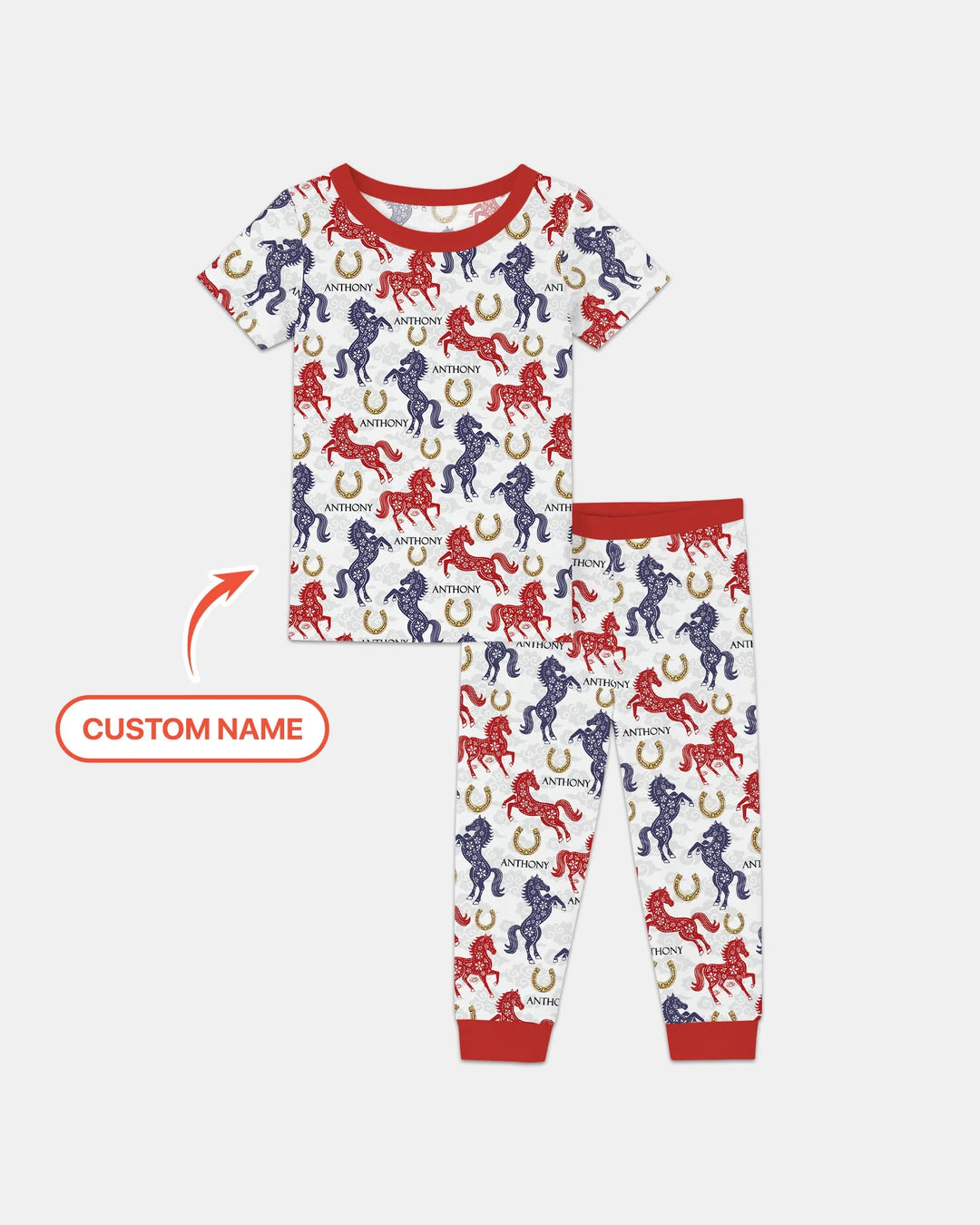 Custom Name Chinoiserie Horses Bamboo Two Piece Short Sleeve Pajama Set