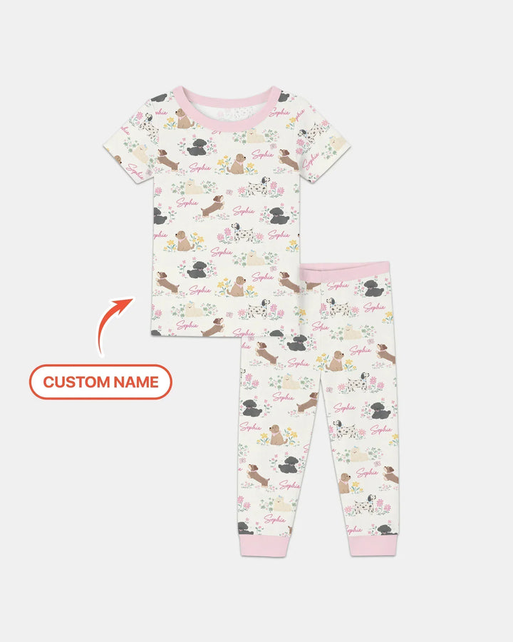 Custom Name Flower Dogs Bamboo Two Piece Short Sleeve Pajama Set