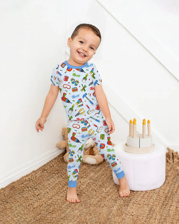 Custom Name Dad & Me Fixer Crew Bamboo Two Piece Short Sleeve Pajama Set