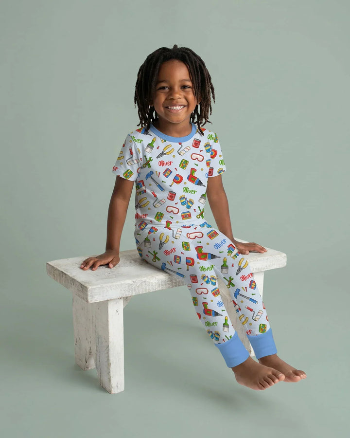 Custom Name Dad & Me Fixer Crew Bamboo Two Piece Short Sleeve Pajama Set