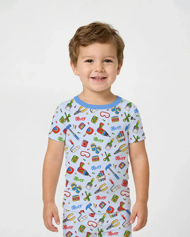 Custom Name Dad & Me Fixer Crew Bamboo Two Piece Short Sleeve Pajama Set