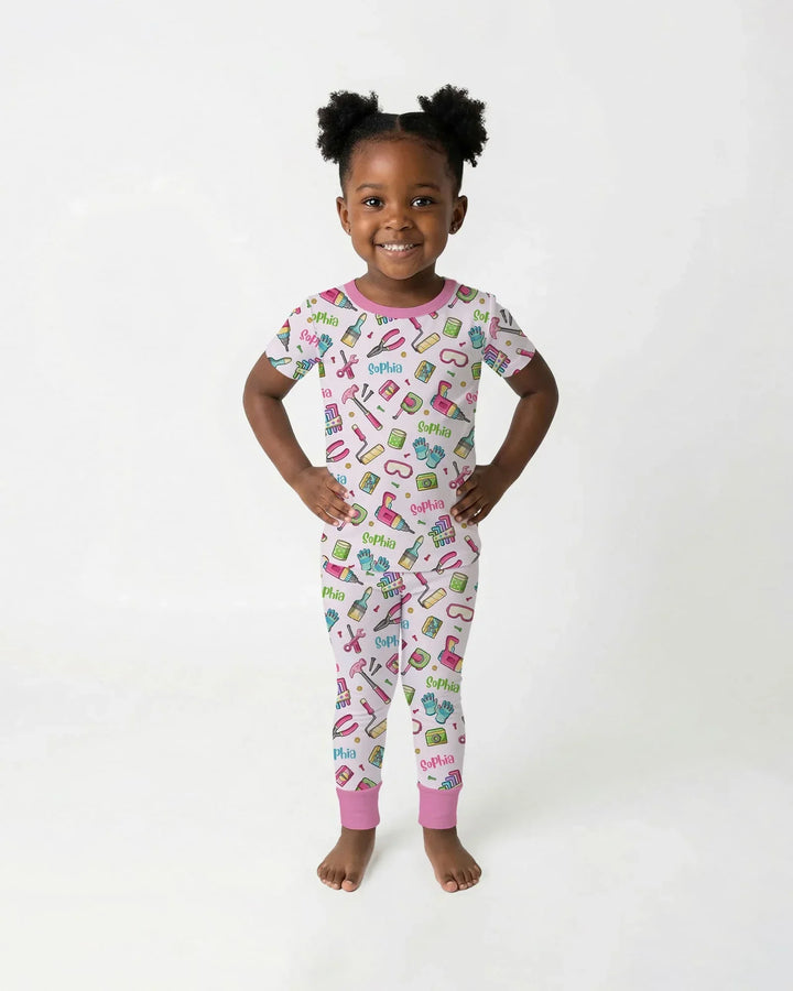 Custom Name Dad & Me Fixer Crew Bamboo Two Piece Short Sleeve Pajama Set