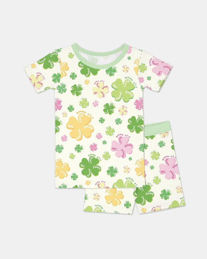 Shamrocks Print St. Patrick's Day Bamboo Two Piece Short Sleeve Shorts Pajama Set