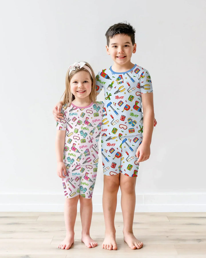 Custom Name Dad & Me Fixer Crew Bamboo Two Piece Short Sleeve Shorts Pajama Set