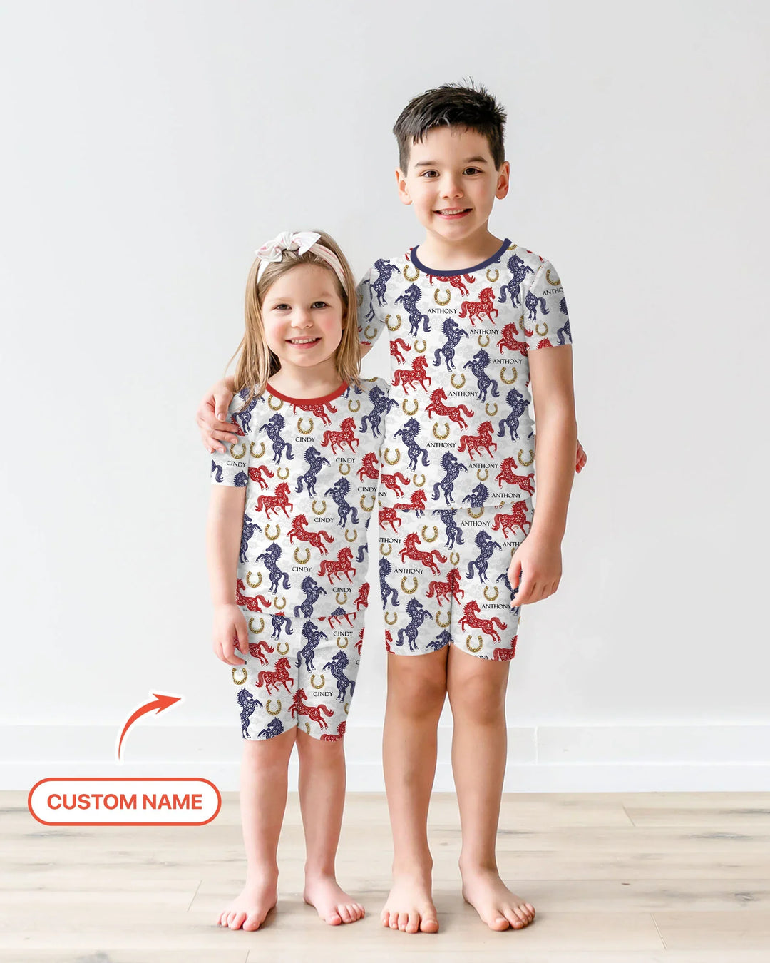Custom Name Chinoiserie Horses Bamboo Two Piece Short Sleeve Shorts Pajama Set