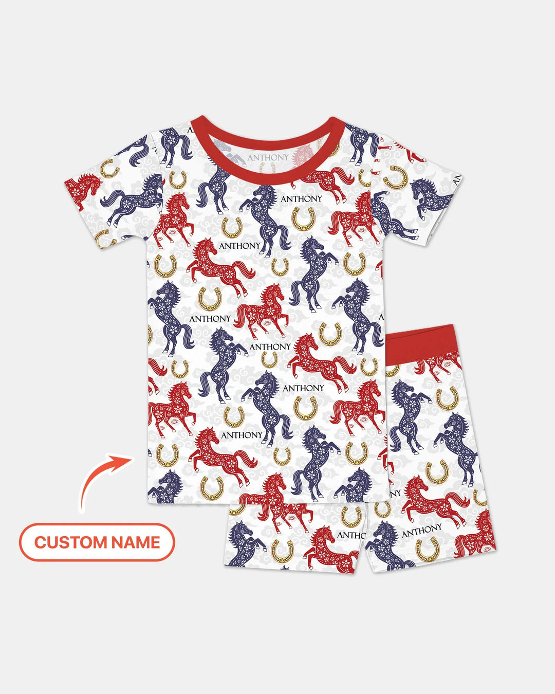 Custom Name Chinoiserie Horses Bamboo Two Piece Short Sleeve Shorts Pajama Set