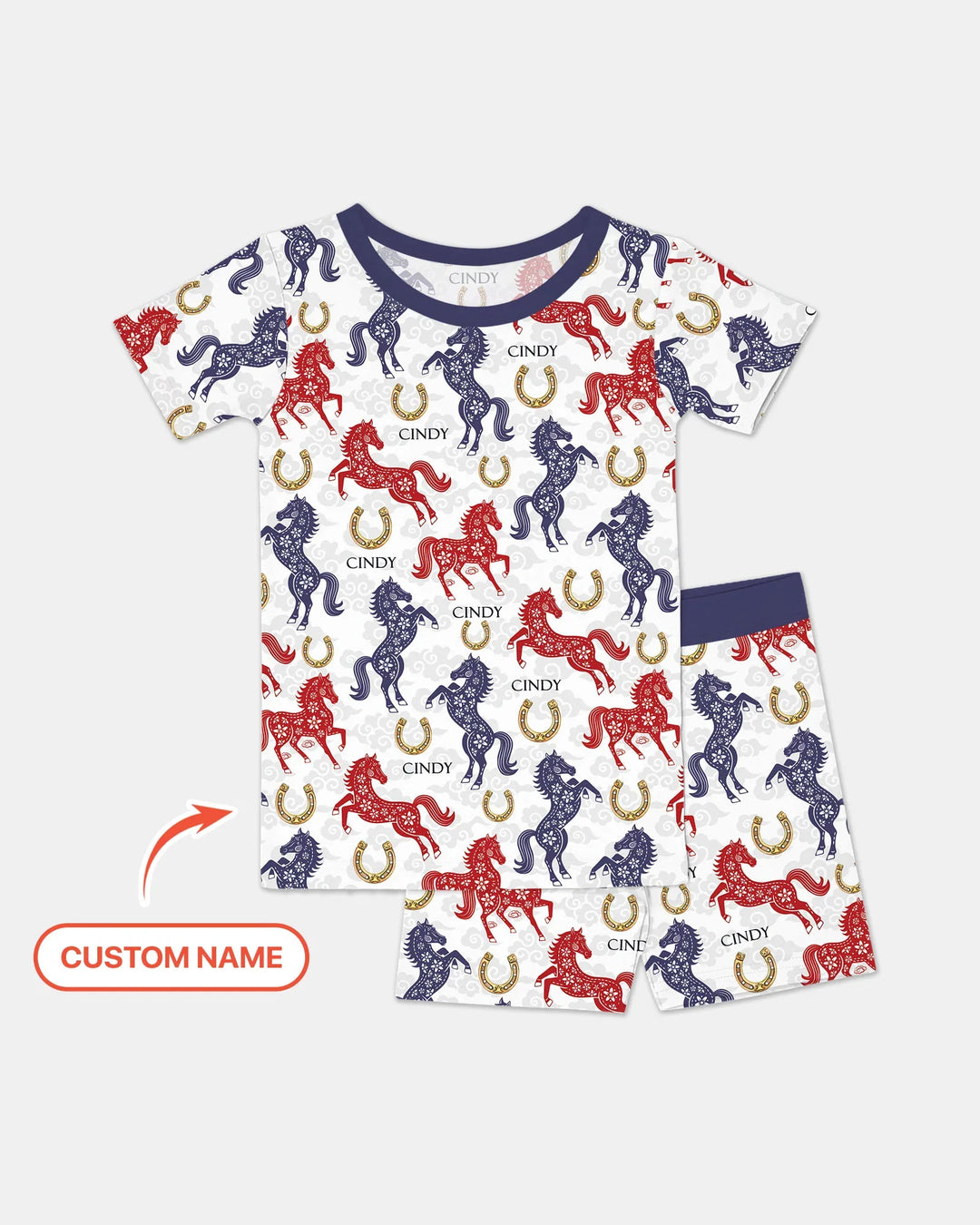 Custom Name Chinoiserie Horses Bamboo Two Piece Short Sleeve Shorts Pajama Set