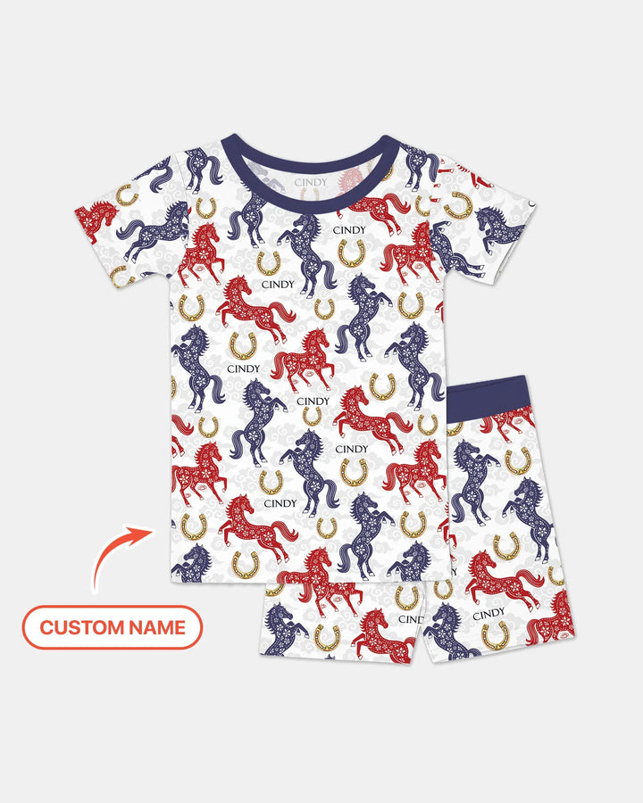 Custom Name Chinoiserie Horses Bamboo Two Piece Short Sleeve Shorts Pajama Set