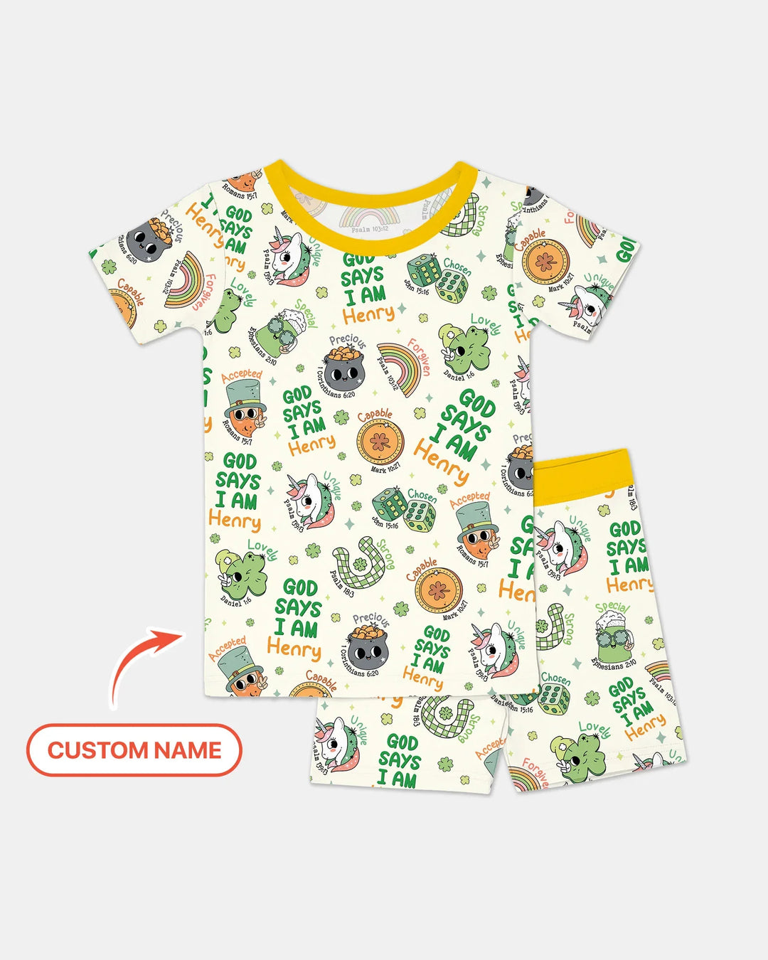 Personalized God Says I Am St. Patrick's Day Family Matching Bamboo Two Piece Short Sleeve Shorts Pajama Set