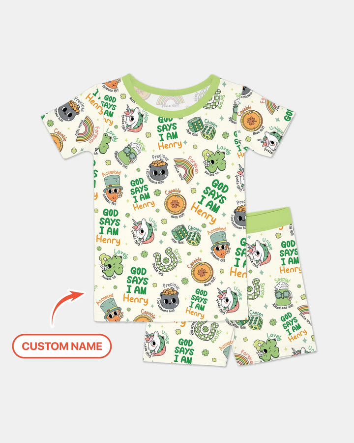 Personalized God Says I Am St. Patrick's Day Family Matching Bamboo Two Piece Short Sleeve Shorts Pajama Set