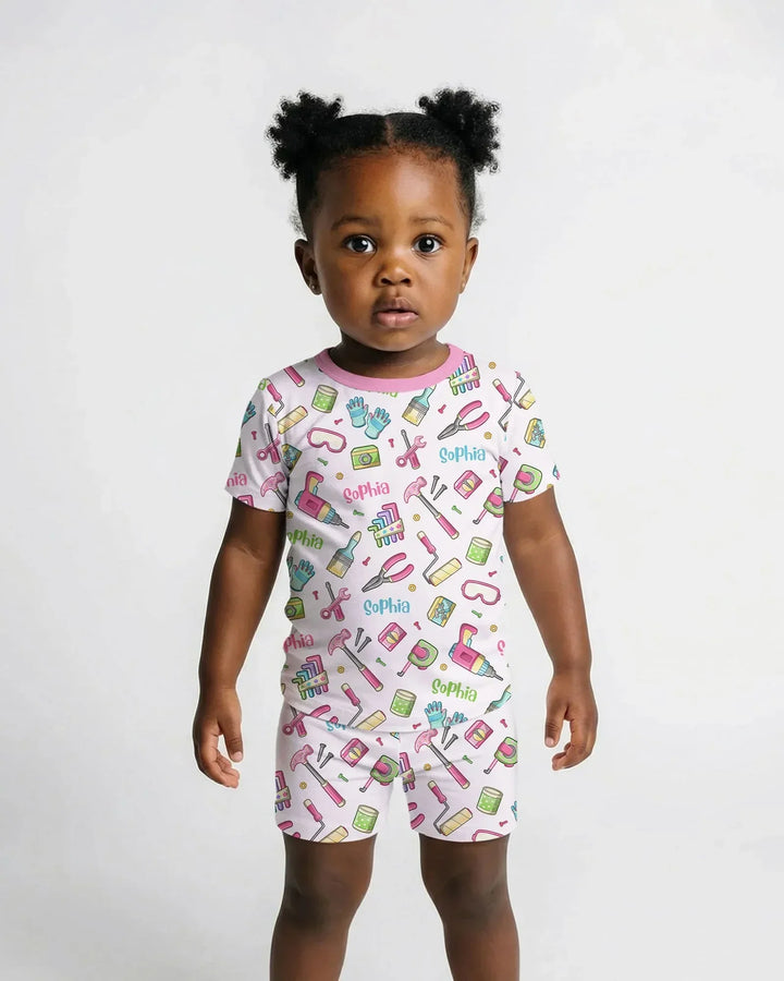 Custom Name Dad & Me Fixer Crew Bamboo Two Piece Short Sleeve Shorts Pajama Set