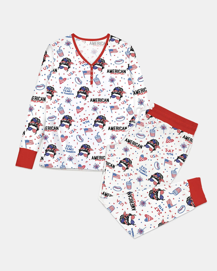 Doodle American Flag Glasses Family Matching Bamboo Women Pajama Set
