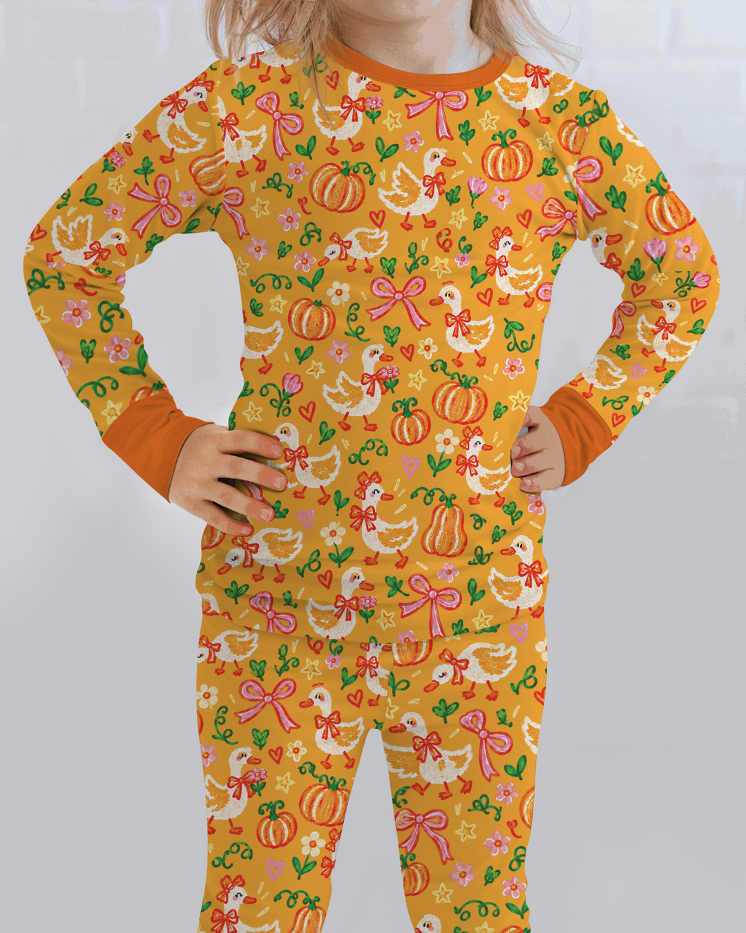 Cute Duck Pumpkin Fall Bamboo Two Piece Long Sleeve Pajama Set