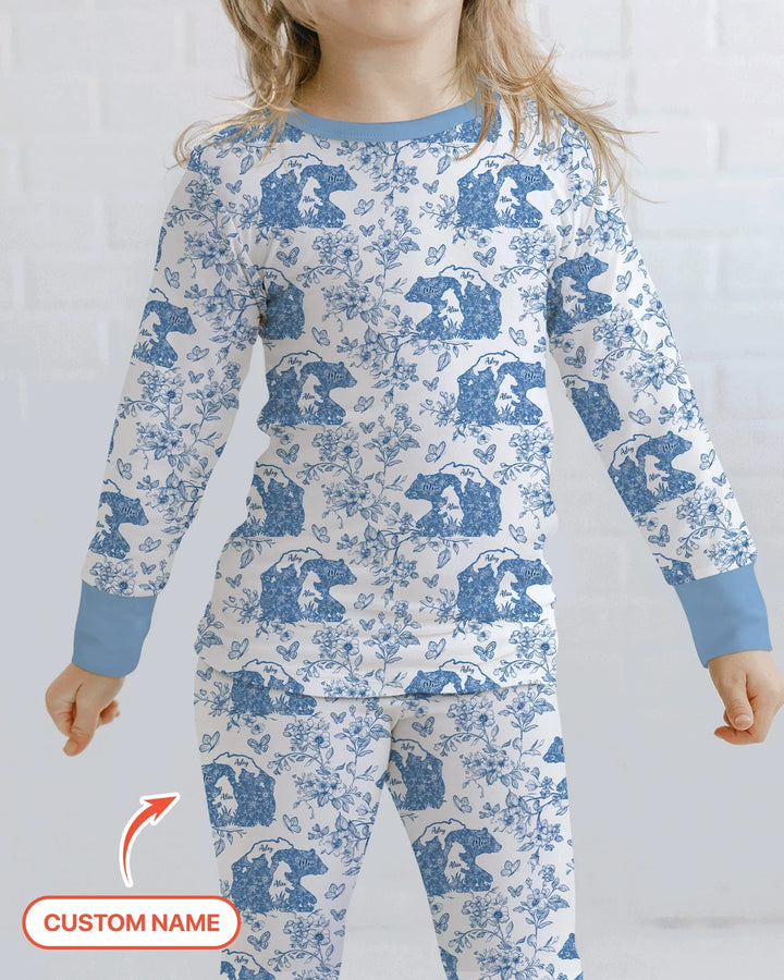 Custom Name Mama Bear Toile Bamboo Two Piece Long Sleeve Pajama Set