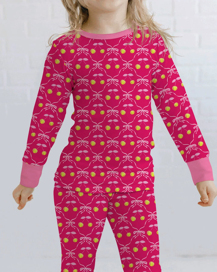 Cherry Baseball Softball Mom and Girl Matching Bamboo Two Piece Long Sleeve Pajama Set