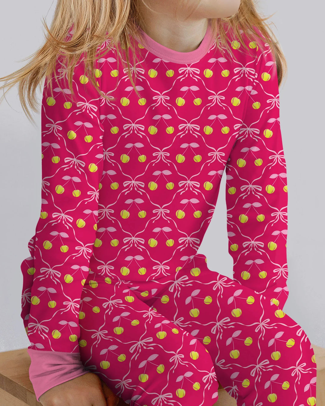 Cherry Baseball Softball Mom and Girl Matching Bamboo Two Piece Long Sleeve Pajama Set