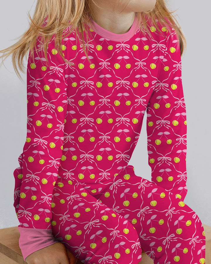 Cherry Baseball Softball Mom and Girl Matching Bamboo Two Piece Long Sleeve Pajama Set