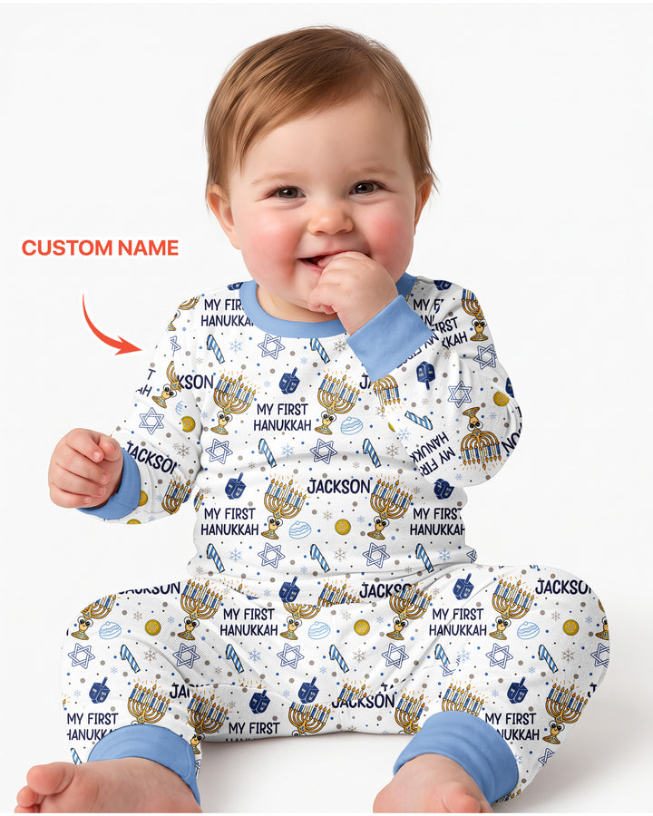 Custom Name Doodle Dreidel First Hanukkah Bamboo Two Piece Long Sleeve Pajama Set