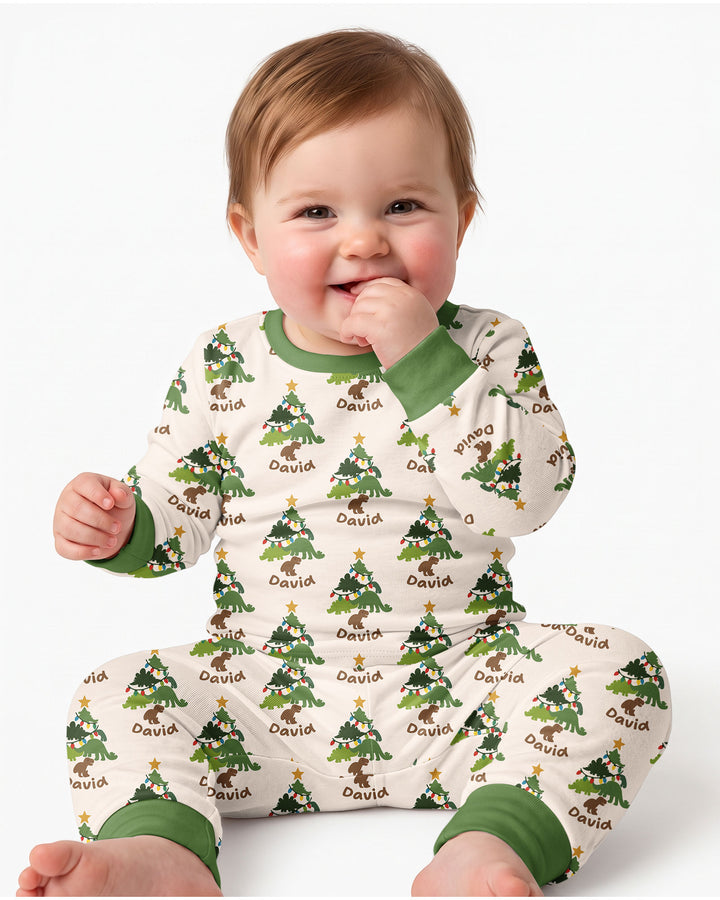 Dino Christmas Tree Bamboo Two Piece Long Sleeve Pajama Set