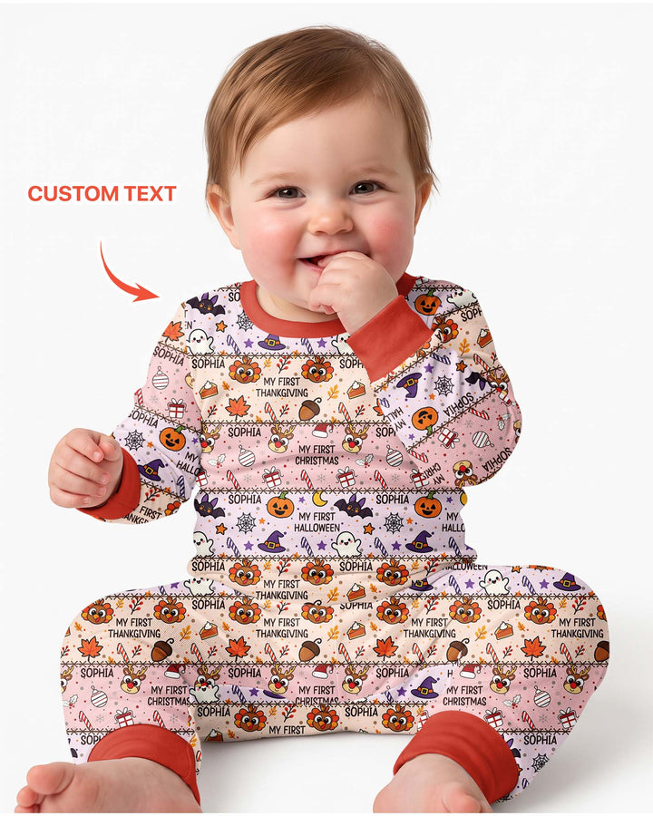 Custom Name My First Hallothanksmas Bamboo Two Piece Long Sleeve Pajama Set