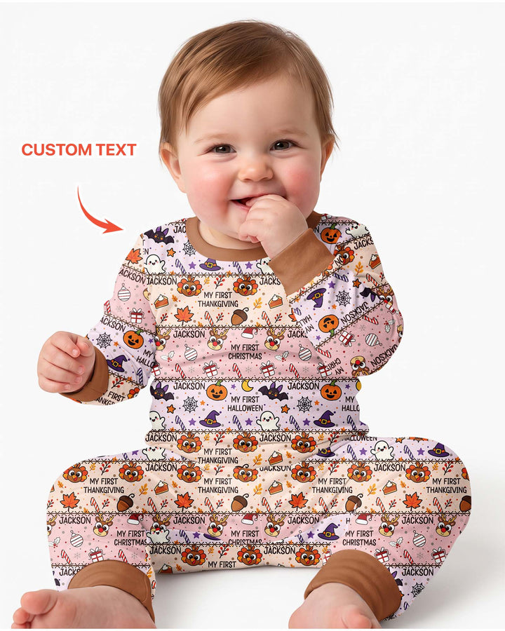 Custom Name My First Hallothanksmas Bamboo Two Piece Long Sleeve Pajama Set
