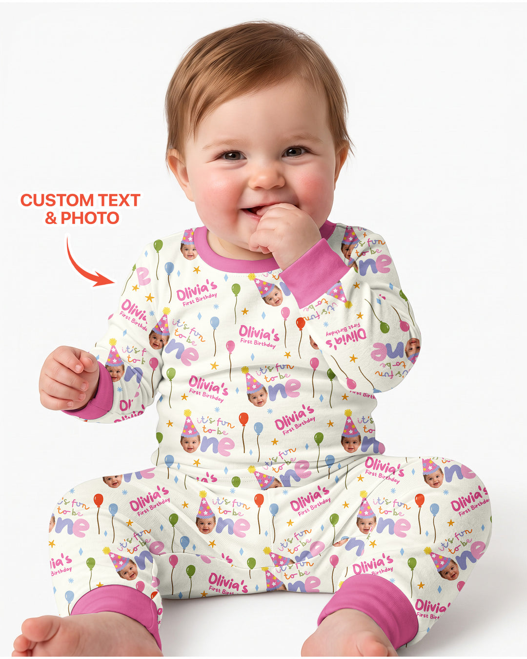 Custom Photo First Birthday Fun Bamboo Two Piece Long Sleeve Pajama Set