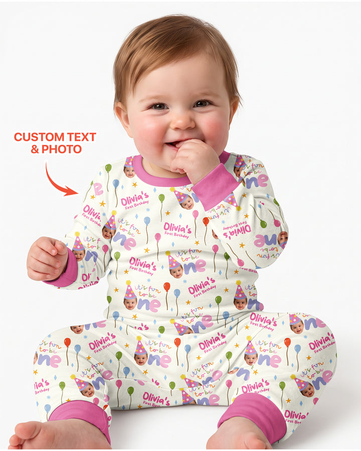 Custom Photo First Birthday Fun Bamboo Two Piece Long Sleeve Pajama Set