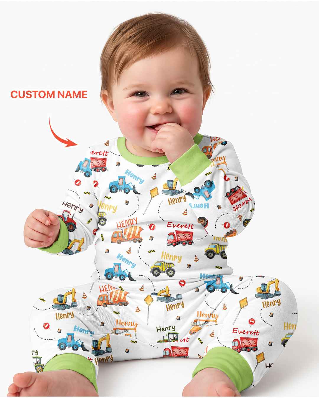 Construction Vehicles Custom Name Bamboo Two Piece Long Sleeve Pyjamas Set