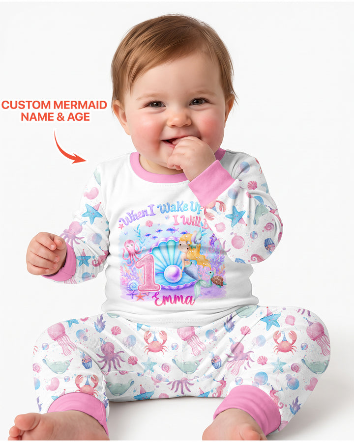 Personalized When I Wake Up I Will Be Mermaid Birthday Bamboo Two Piece Long Sleeve Pajama Set